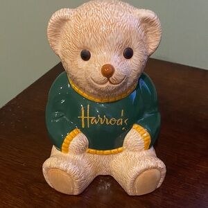 Harrods Green Sweater Teddy Bear Figurine with Gold Script bank.